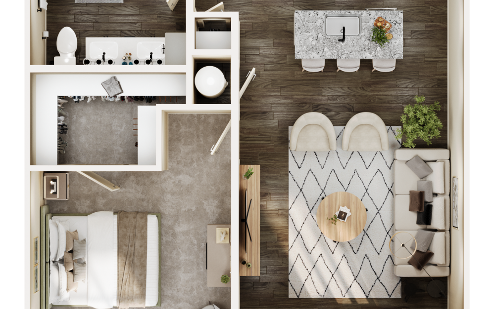 Haven - 1 bedroom floorplan layout with 1 bathroom and 743 square feet (3D)